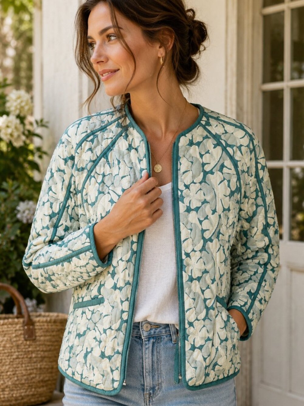 MIRTH Floral Quilted Jacket Teal Green Ivory Cotton Silk Zip Front Size S